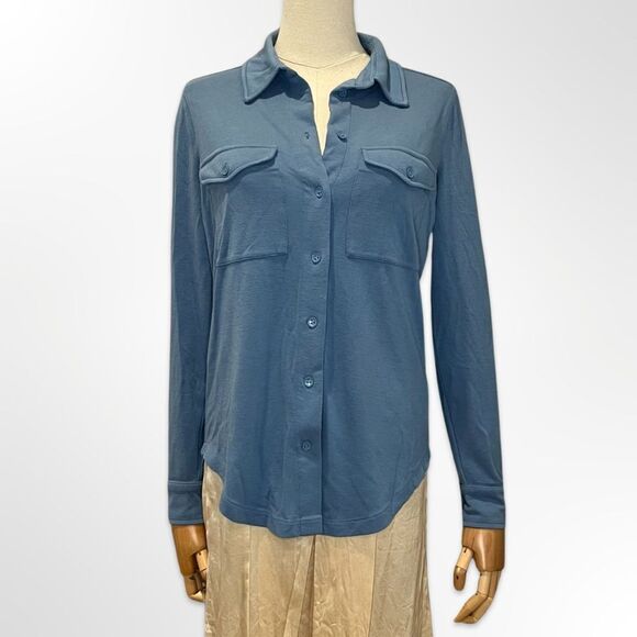 Reiss SASHA Light Blue Long Sleeve Cotton Jersey Over Shirt 2 Pockets size S - Picture 2 of 8